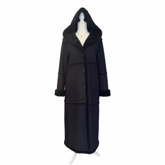 St. John’s Bay Black Faux Shearling Hooded Boho Western Long Coat Size L - Picture 2 of 6